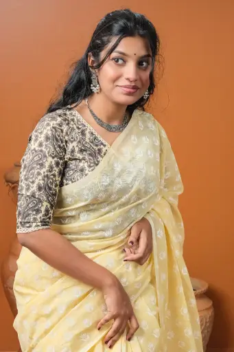 Cream Black Floral V Neck Jaypuri Cotton Blouse