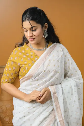 Mustard Yellow Small Flower V Neck Jaypuri Cotton Blouse