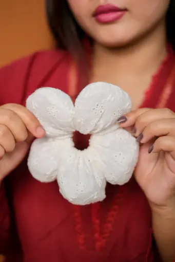 [9904] White Chikankari Scrunchies Bands
