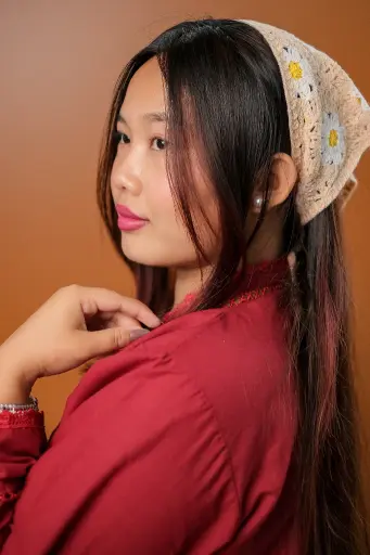 [9902] Peach White Flower Crochet Lace Hair Bandanna