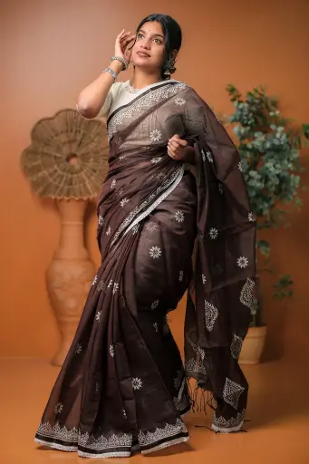 [0133] Dark Coffee Flower Block Print Sharee