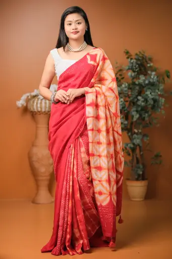 [0106] Red Body Light Peach Design Silk Natural Dye Sharee