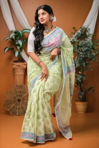 [0134] Soft Green Body Teal Pink Print Dollar Hand Work Sharee