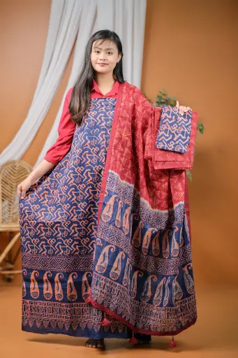 [0407] Blue Maroon Cotton Batik Unstitched Three Piece