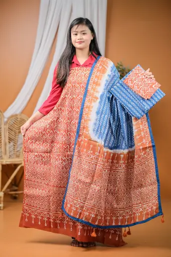 [0407] Brown Blue Cotton Batik Unstitched Three Piece