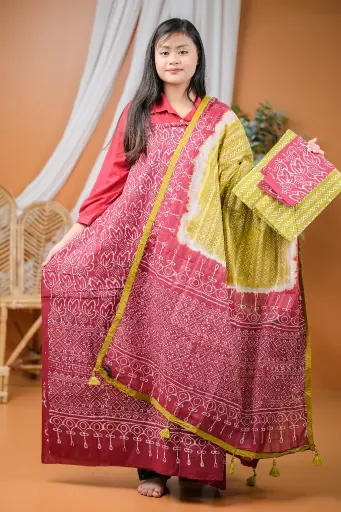 [0407] Wine Olive Cotton Batik Unstitched Three Piece