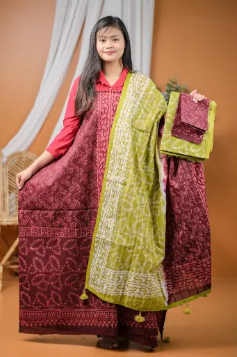 [0407] Dark Maroon Olive Cotton Batik Unstitched Three Piece