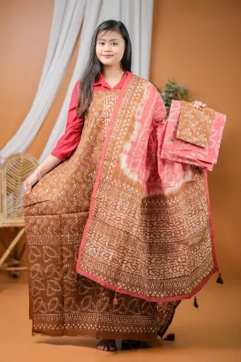 [0407] Brown Peach Cotton Batik Unstitched Three Piece