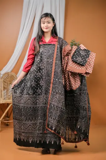 [0407] Black Coffee Polka Cotton Batik Unstitched Three Piece