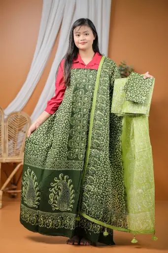 [0407] Dark Bottle Green Cotton Batik Unstitched Three Piece