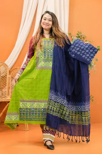 [0423] Lemon Royal Blue Hand Work Cotton Three Piece