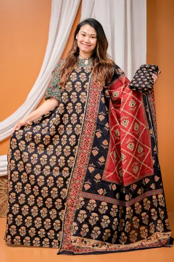 [0415] Black Kalamkari Motif Cotton Slab Unstitched Three Piece