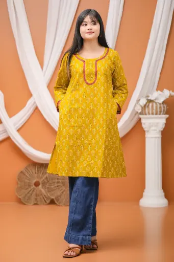 Mustard Yellow Cream Small Floral Design Regular Kurti 