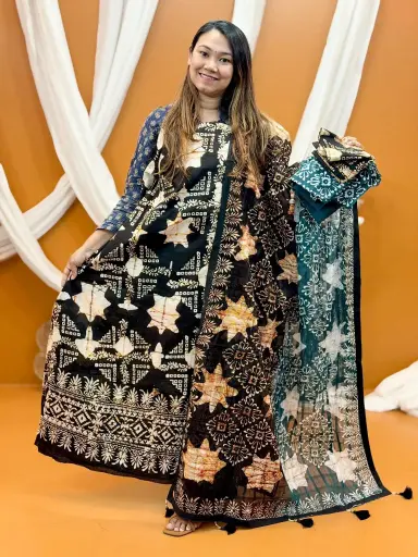 [0407] Black Burnt Orange Sea Green Batik Un-Stitched Three Piece