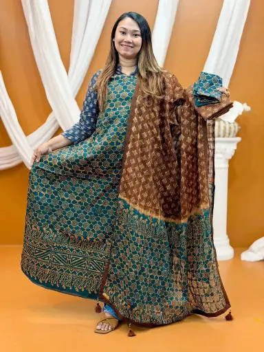 [0407] Bottle Green Brown Batik Unstitched Three Piece