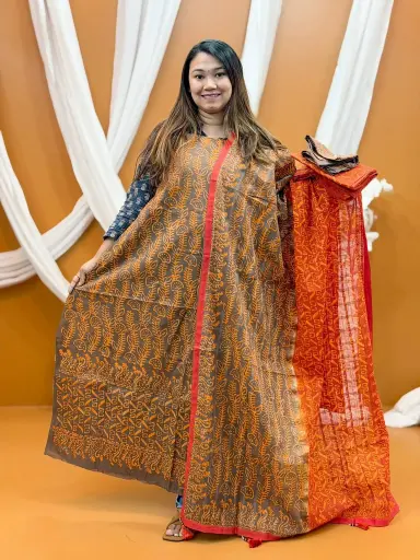 [0407] Burnt Orange Moss Green Batik Unstitched Three Piece 