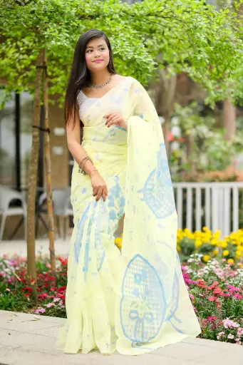 [0101] Boho- Cream Body Blue Flower Digital Printed Muslin Sharee