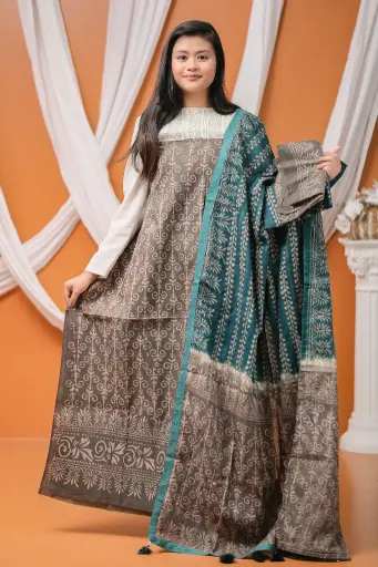 [0407] Brown Bottle Green Cotton Batik Unstitched Three Piece