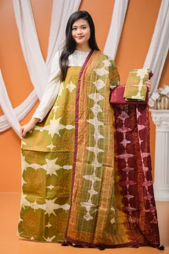 [0407] Olive Green Deep Maroon Cotton Batik Unstitched Three Piece