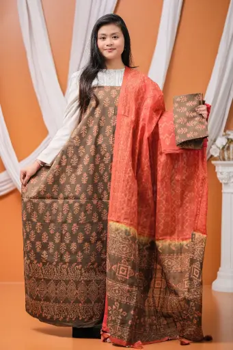 [0407] Brown Light Beige Cotton Batik Unstitched Three Piece