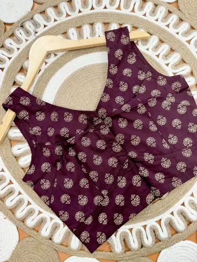Dark Maroon Floral Sleeveless Jaypuri Cotton Blouse