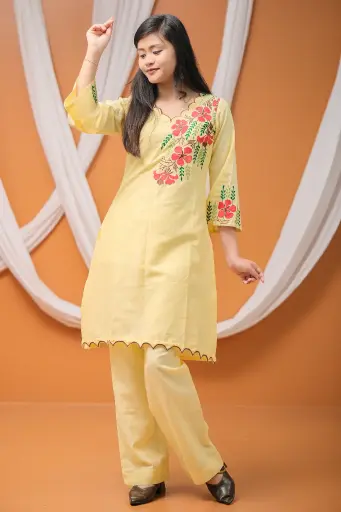 Yellow Body Royal Poinciana Embroidery Co-Ords Set