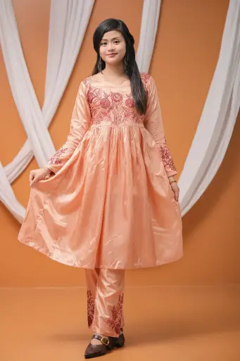 Peach Floral Embroidery Silk Frock 
