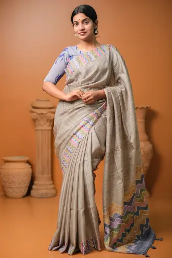 [0118] Beige Body Multicolor Zigzag Anchal & Paar Tashar Sharee