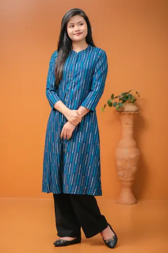 Dark Teal Blue Stripped A-Shaped Kurti