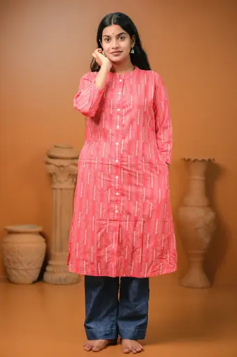 Coral Red Stripped A-Shaped Kurti