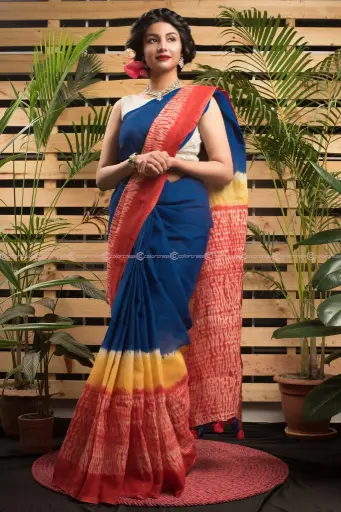 [0106] Deep Blue Red Mustard Yellow Shibori Tie-Dye Sharee