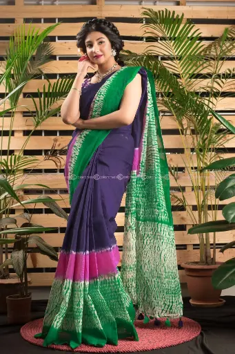 [0106] Deep Purple Green Pink Shibori Tie-Dye Sharee