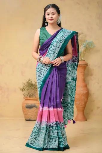 [0106] Deep Purple Green Pink Shibori Tie-Dye Sharee