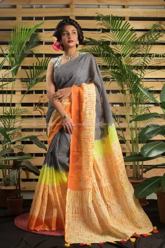 [0106] Grey Bright Orange Yellow Shibori Tie-Dye Sharee