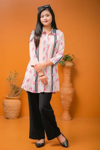 Multicolor Striped Floral Short Kurti