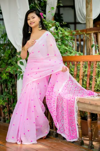 [0102] Light Pink Jamdani Motif Half Silk Screen Print Sharee