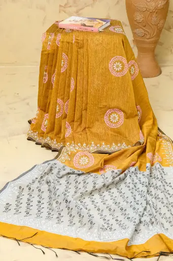 [0103] Brown Orange Body Ash Anchal Black Floral Sequins Work Screen Print Sharee