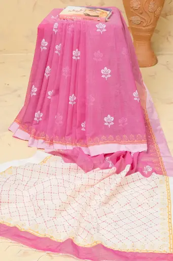 [0103] Light Beige Pink Criss Cross Sequin Screen Print Cotton Sharee