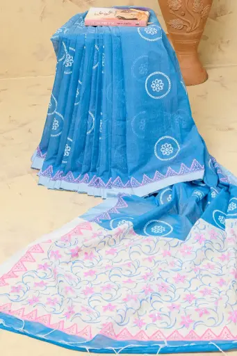 [0103] Deep Teal Body Ash Pink Floral Anchal Sequin Screen Print Cotton Sharee