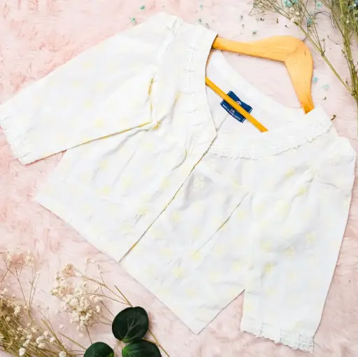 White Body White Lace Sleeve & Neck Screen Print Cotton Blouse