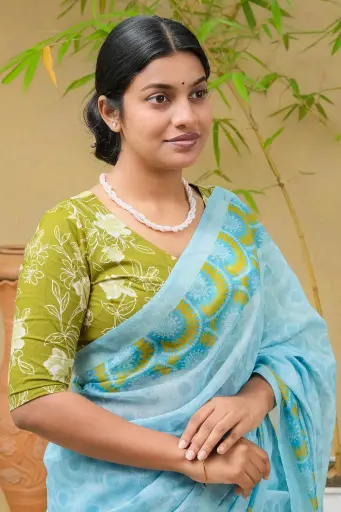 Olive Floral V-Nack Jaypuri Cotton Blouse