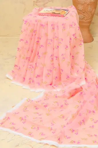 [0102] Soft Peach Body Pink Floral Half Silk Screen Print Sharee
