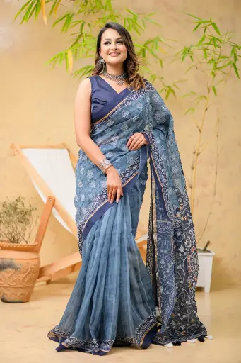 [0108] Anarkoli- Teal Blue White Floral Design Royal Blue Anchal Mix Cotton Sharee