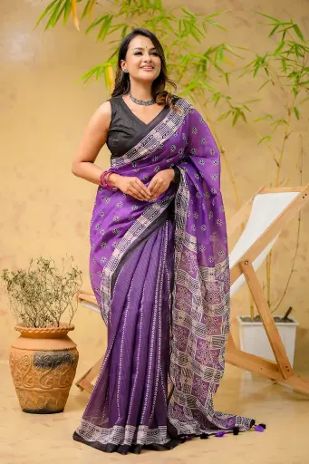 [0108] Hriddhi- Purple Body Black Small Flower Mix Cotton Sharee
