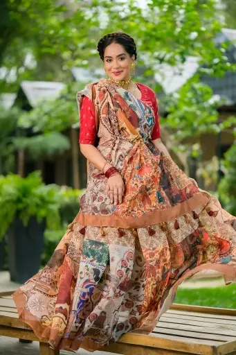 [0108] Nakshi kathar Math- Nude Brown Body Village Theme Mix Cotton Sharee