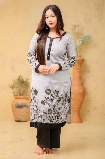 Light Grey Black Embroidery Regular Kurti