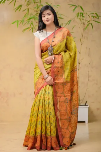 [0108] Mustard Yellow Body Green Floral Digital Print Mix Cotton Sharee