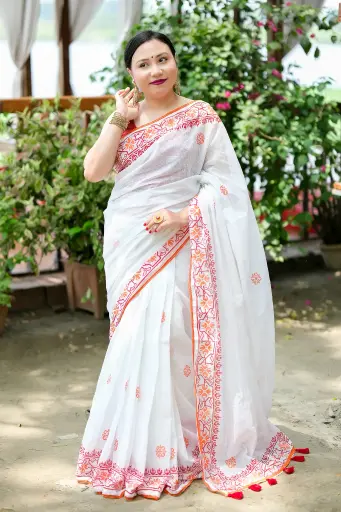 [0134] White Body Orange Floral Sequin Hand Work Sharee 