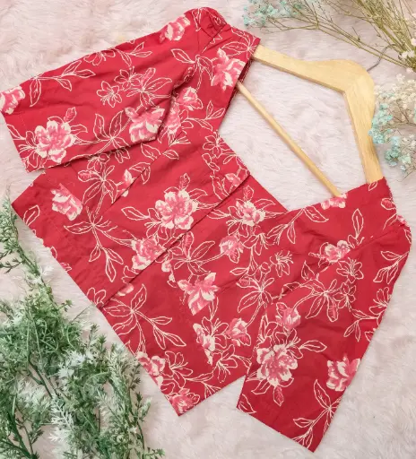 Red Flower Square Shape Neck Jaypuri Cotton Blouse 