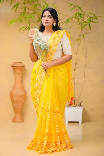 [0102] Yellow Body White Orange Floral Half Silk Screen Print Sharee